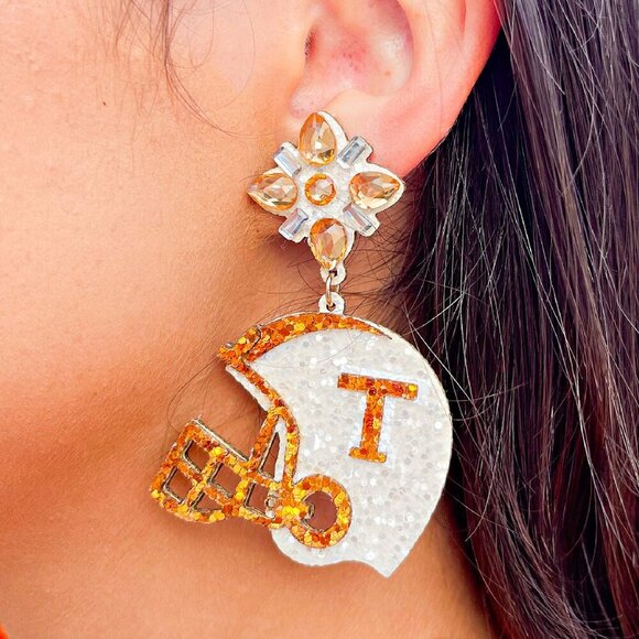 Crystal Top Tennessee Vols College Football Helmet Glitter Earrings - Picture 1 of 2